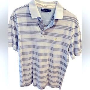 Men's Short Sleeve Blue/Gray/White Striped Polo Shirt by Nautica.  Size = Large